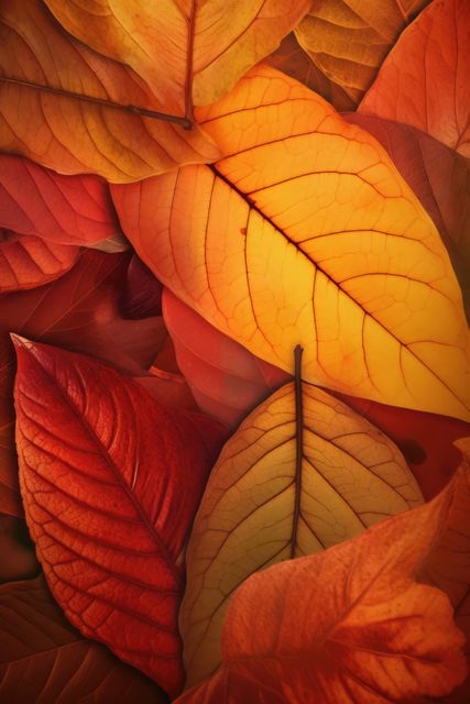 Close up of multi coloured autumn leaves background, created using generative ai technology. Autumn, fall, nature, pattern and texture concept digitally generated image.