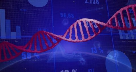 Red DNA Helix Floating Over Analytics Dashboard Linking Genomics and Data Visualization