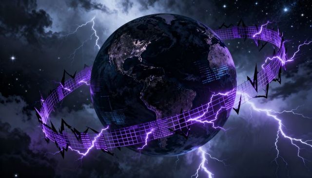 Glowing earth orbiting with purple data ring emitting lightning and city lights at night