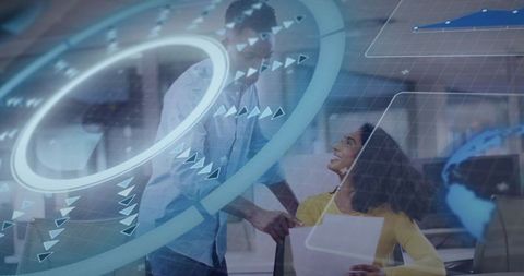 Collaborating on futuristic data visualization with holographic rings and global analytics