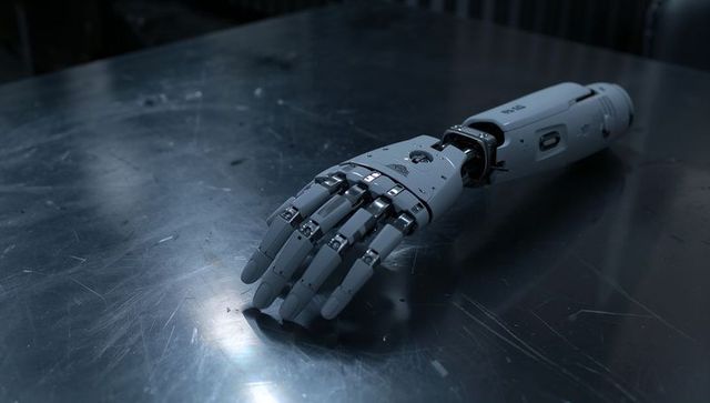 Advanced robotic prosthetic forearm resting on metal workbench showing hinge assemblies