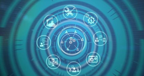 Futuristic digital interface with dynamic business icons