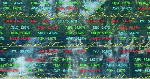 Waterfall with digital data overlay symbolizing nature and technology