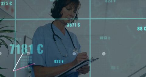 Healthcare nurse writing patient notes on clipboard with currency and data analytics overlay