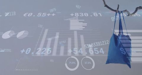 Digital financial data flow over eco-friendly bag