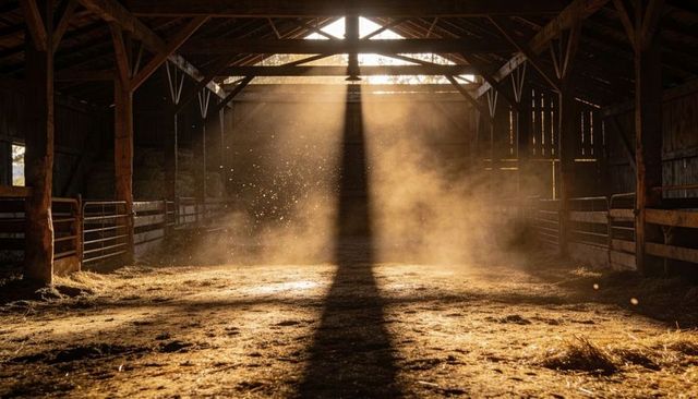 Streaming sunbeam illuminating dust motes and hay in rustic timber barn interior