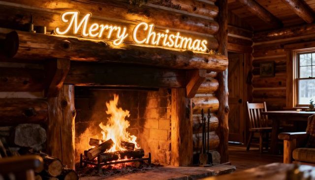 Merry christmas neon sign above roaring fireplace in cozy rustic log cabin interior
