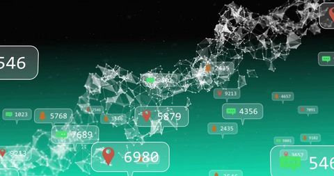 Abstract polygonal network ribbon with geolocation badges, analytics and teal gradient
