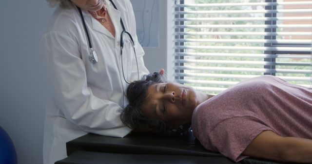 Woman receiving chiropractic adjustment from doctor in a clinic room with large windows. Suitable for medical, healthcare, and therapy-related content showcasing chiropractic care and patient treatment.