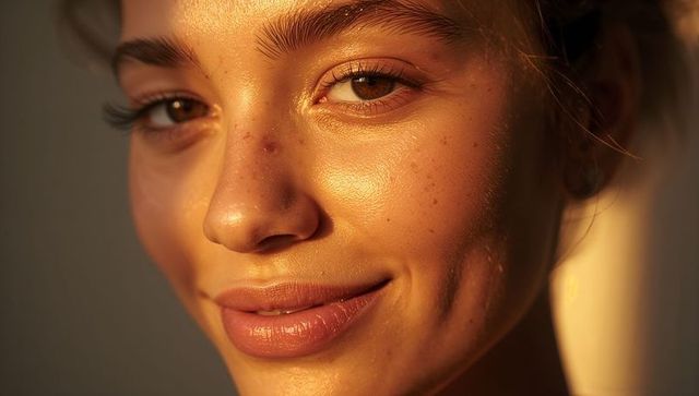 Basking young woman closeup showing freckles, blemish and dimple in golden hour light