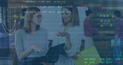 Diverse women discussing business amidst stock market data overlay