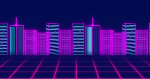 Retro Futuristic Neon Cityscape with Glowing Grid