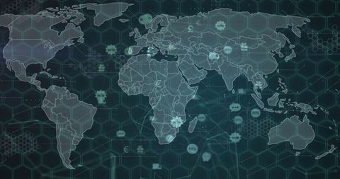 Digital World Map with Data and Communication Icons Overlay - Download Free Stock Images Pikwizard.com