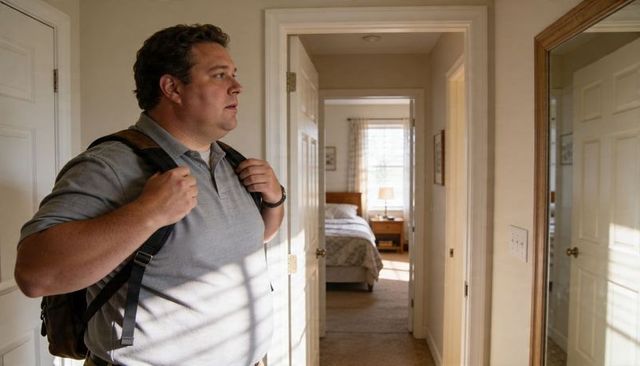 Middle-aged man standing in hallway with backpack preparing to leave home at sunrise