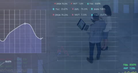 Financial Data Analysis Overlaid on Teamwork in Modern Office