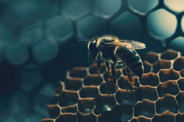 Close up of bee on black honeycomb created using generative ai technology. Nature, animals and insects concept digitally generated image.