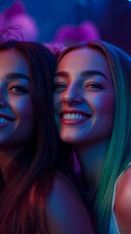 Vertical video friends smiling and greeting new arrival with feather headband at neon club