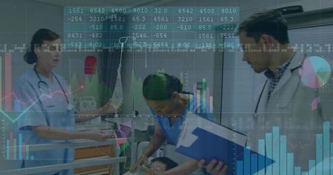 Pediatric team treating child on gurney with digital health data overlay