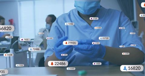 Nurse in scrubs handling syringe with digital notifications