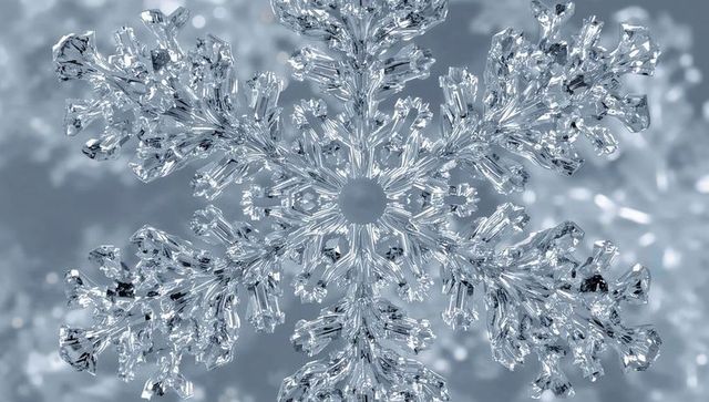 Macro snowflake crystal revealing hexagonal symmetry and sparkling prism facets