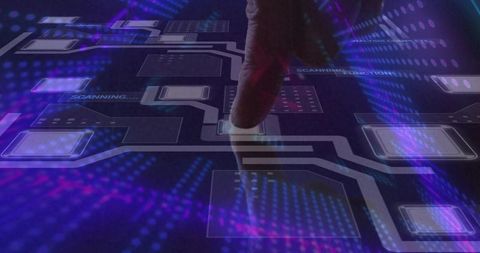 Pressing fingertip activating holographic touchscreen with neon data overlays scanning ui