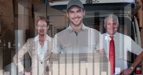 Logistics Team with Overlaid Financial Statistics Graphs