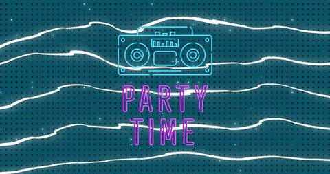 Retro party time neon design with vintage radio illustration
