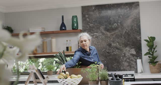 Senior woman picking fresh produce in modern kitchen - Download Free Stock Images Pikwizard.com