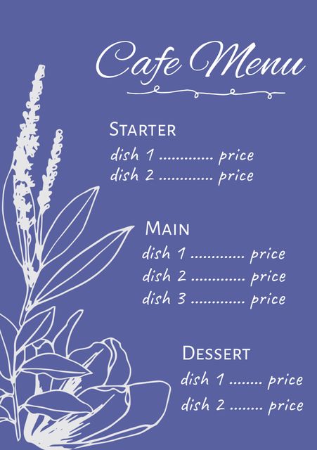 Perfect for upscale restaurants and events, such as weddings and banquets. Offers a sophisticated, herbal-themed design on a blue background. Ideal for showcasing exquisite dishes and drink options. Printable and easily customizable.