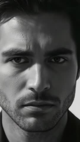 Monochrome vertical video showing male model shifting expression and holding intense gaze