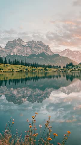 Tilting Drone Revealing Alpine Lake Mirror Reflection with Wildflowers and Mountain Peaks