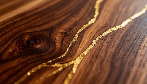Polished walnut slab with gold inlay live edge table top luxury wood grain closeup