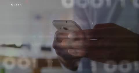 Hands Holding Smartphone with Digital Overlay Elements