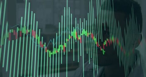 Analyzing candlestick market data with teal histogram overlay and analyst silhouette