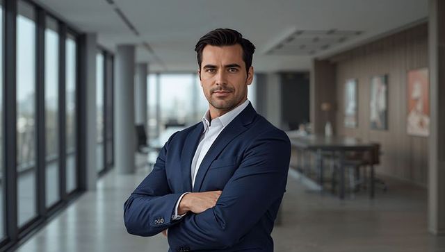 Confident corporate executive standing with crossed arms in modern glass office city view