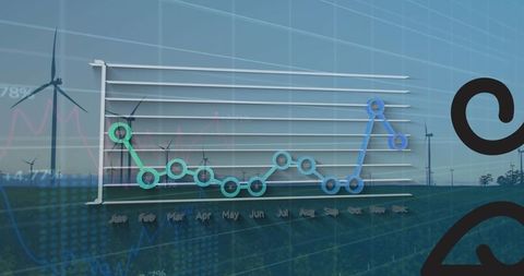 3D Line Chart Overlay on Wind Farm Landscape Displaying Energy Data