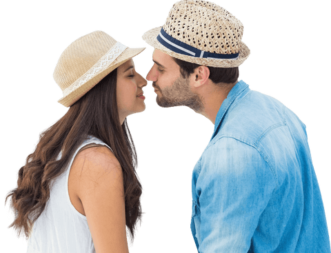 Transparent Image of Caucasian Couple Wearing Sunhats Sharing a Kiss