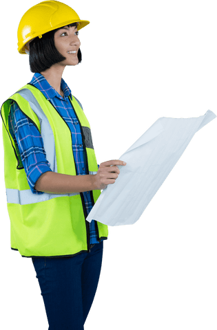 smiling female architect holding blueprint with hard hat transparent - Download Free Stock Videos Pikwizard.com