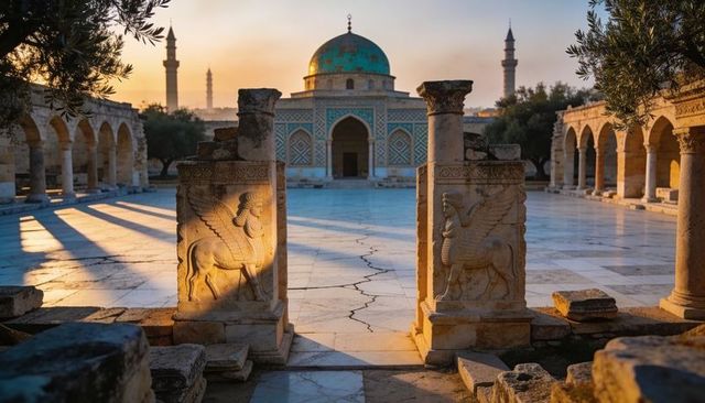 Sunrise courtyard with turquoise dome and winged-lion pilasters guiding marble path