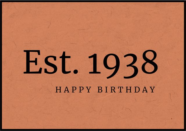 Features a rustic, brown background with bold 'Est. 1938' text and 'HAPPY BIRTHDAY' message. Perfect for celebrating a milestone birthday or anniversary. Useful for birthday invitations, greeting cards, and personal celebrations.