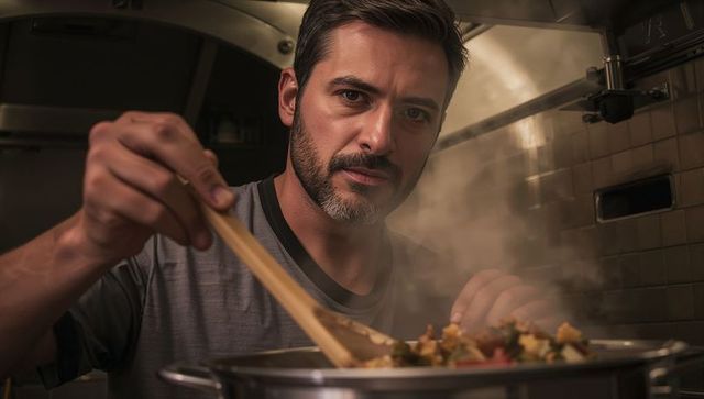 Bearded man stirring steaming vegetable stew on stovetop, focused home cook in warm kitchen