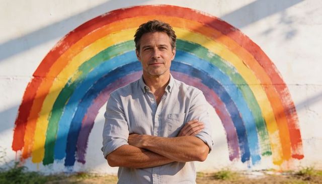 Standing middle-aged man with arms crossed in front of rainbow mural, confident portrait