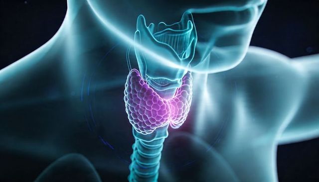 Thyroid gland highlighted in 3d medical neck illustration with cyan trachea and larynx