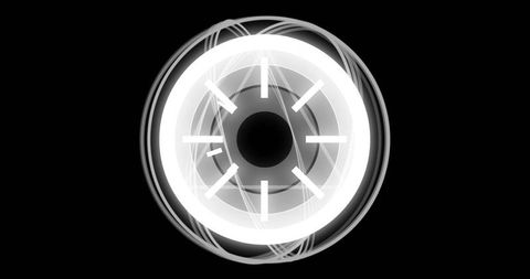 Glowing concentric halo with eight radial spokes and swirling neon light trails on black