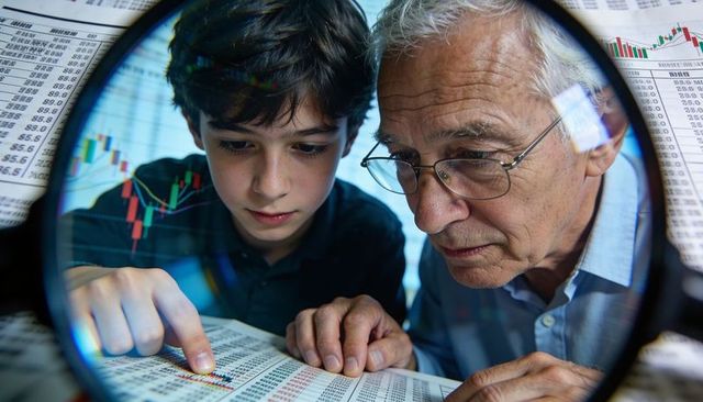 Intergenerational mentorship examining stock charts with magnifier and focused learning