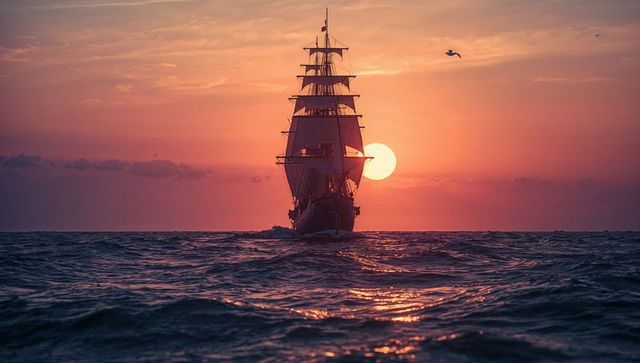 Majestic Tall Ship Sailing in Glorious Sunset Seascape