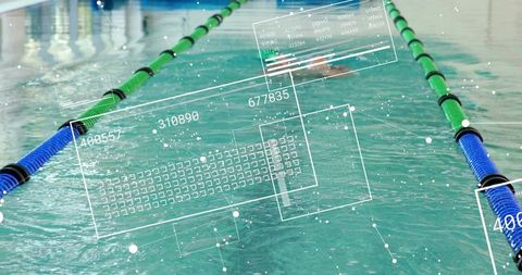 Competitive swimmer racing with digital hud telemetry overlay in indoor lane pool