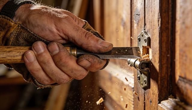Craftsman hands chiseling hinge mortise in rustic wooden door showing woodworking skill