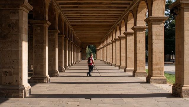 Walking photographer carrying tripod through sunlit stone colonnade with deep perspective