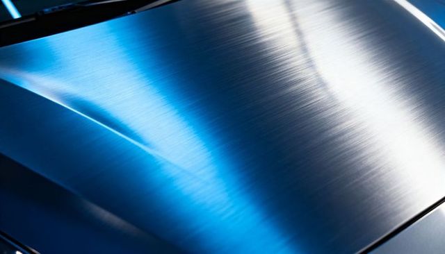 Brushed metal surface with blue light reflection and diagonal grain for industrial design